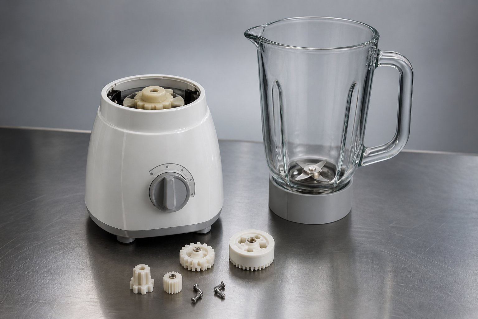 Disassembled blender base and jar with plastic gears on a stainless steel table