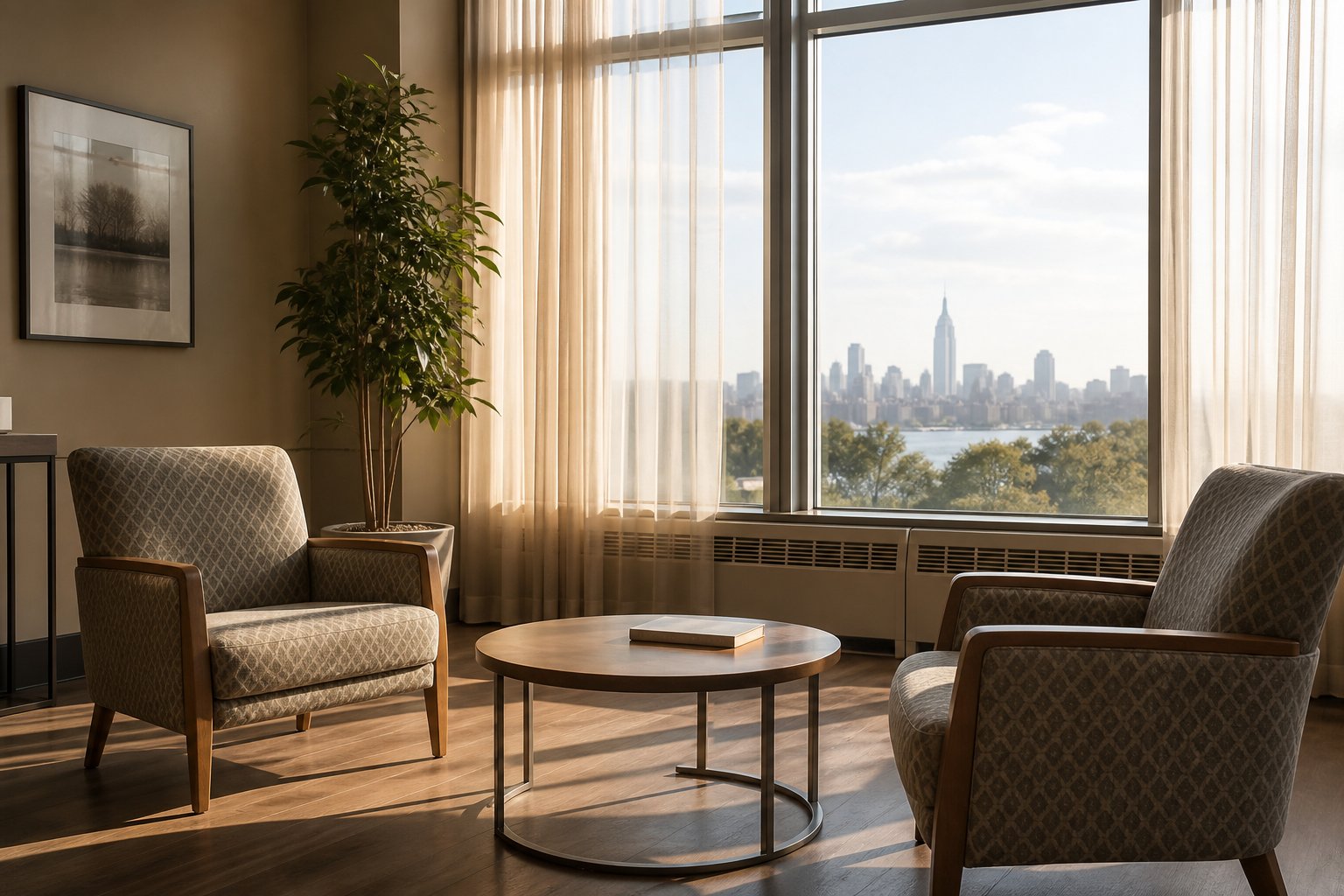 Sunlit visitor lounge with armchairs and a city skyline view, empty of people