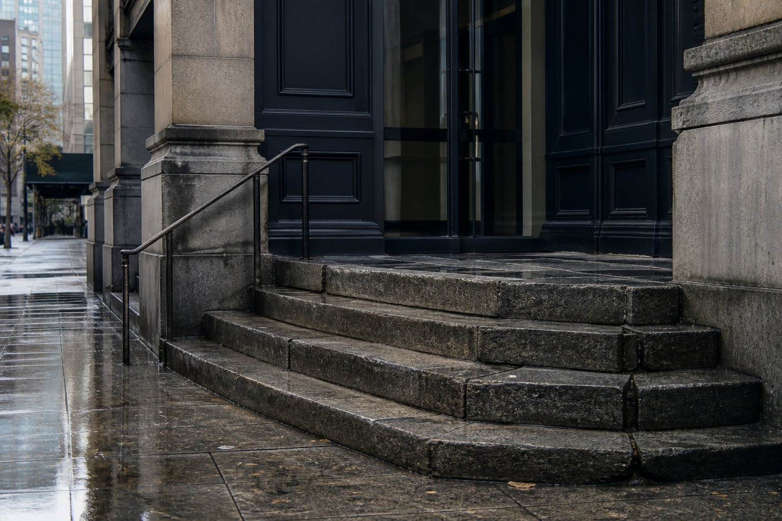 Wet granite entrance steps and handrail at a New York City commercial building