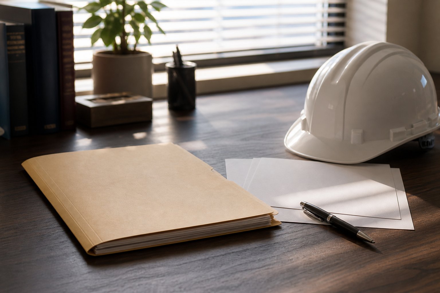 Desk with hard hat, folder, and blank papers for a workers compensation claim file