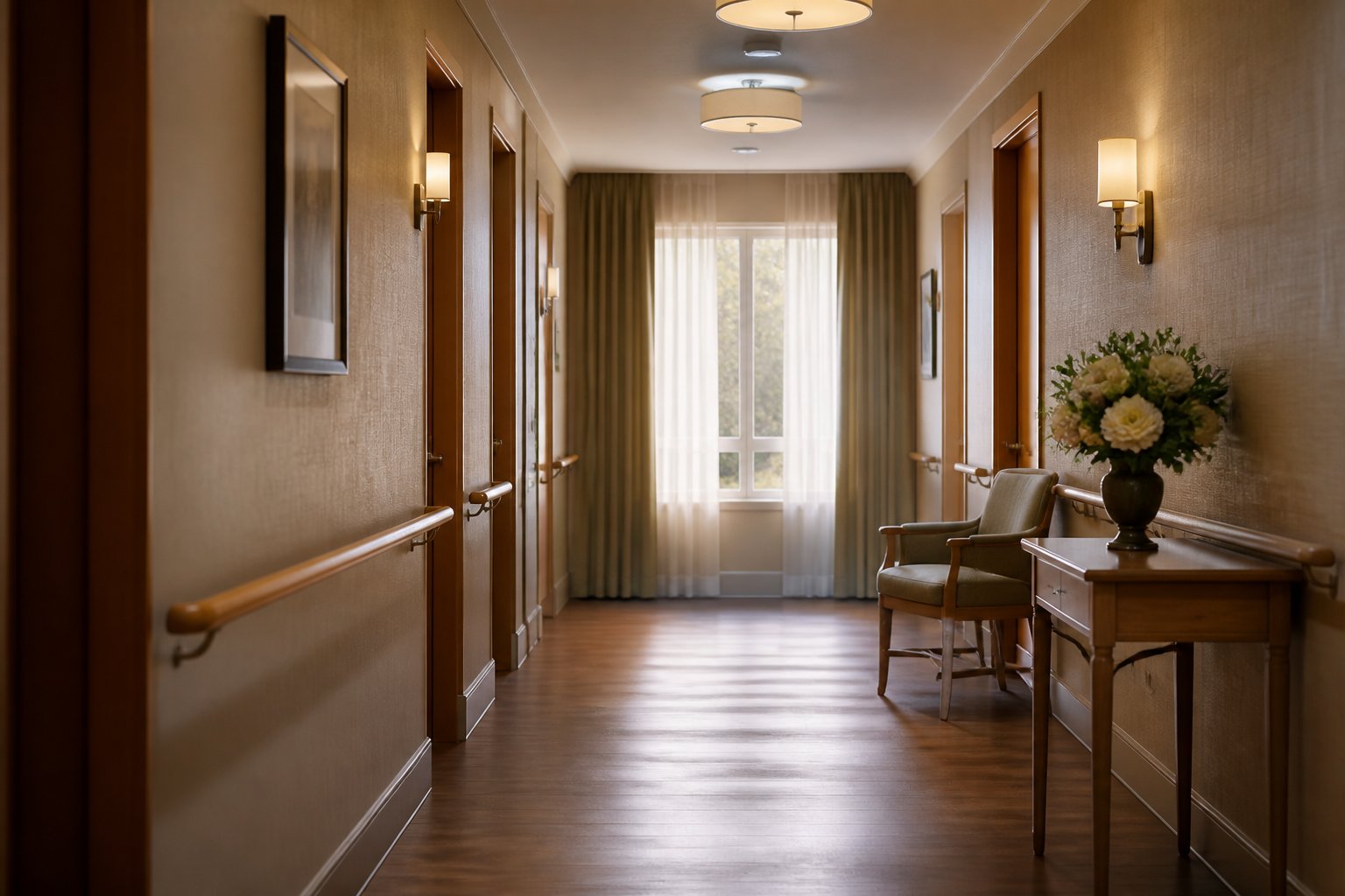 Quiet senior-care hallway with handrail and window light, empty of people