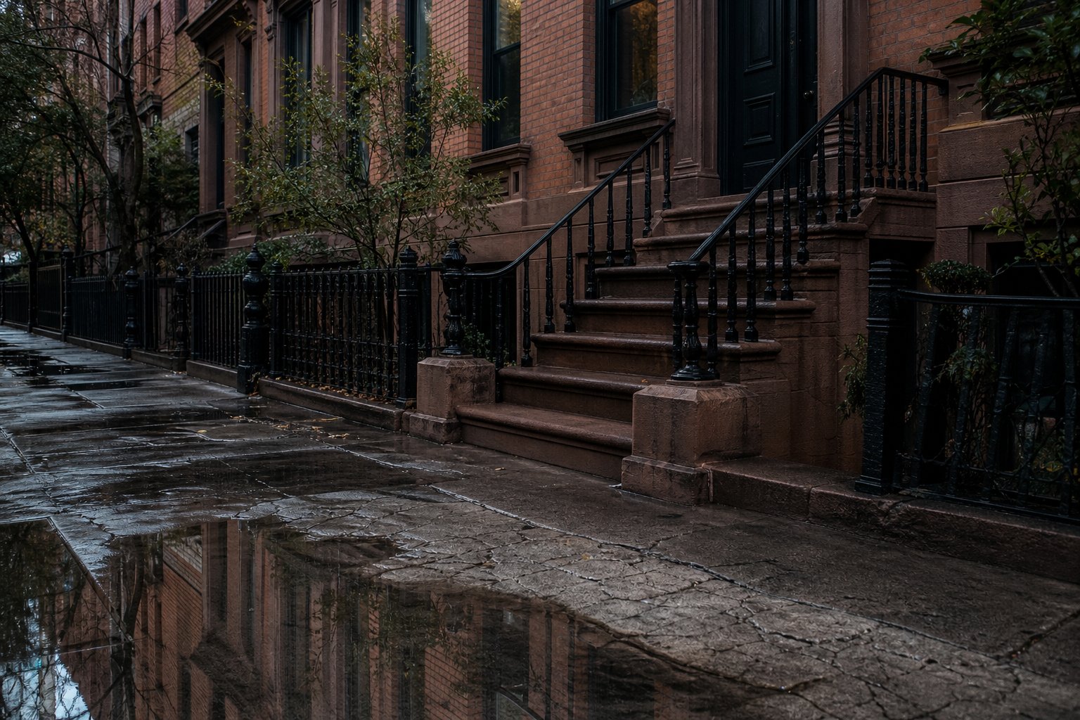 Wet Brooklyn brownstone stoop and cracked sidewalk after rain, empty of people