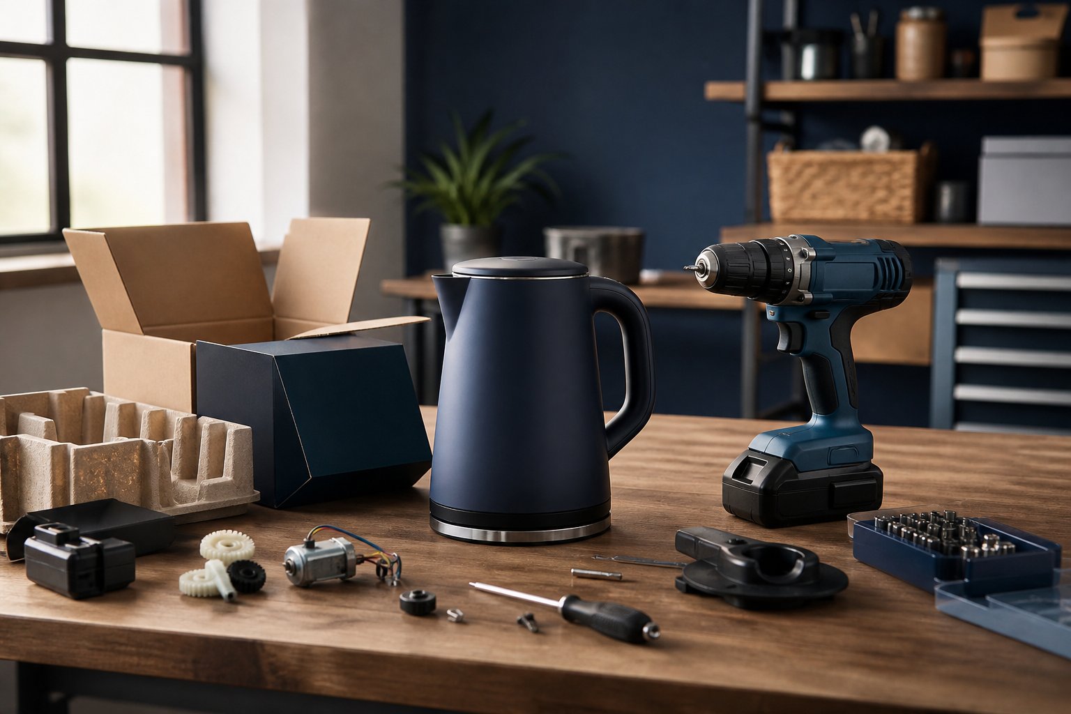 Workshop table with kettle, power drill, and parts for product defect review