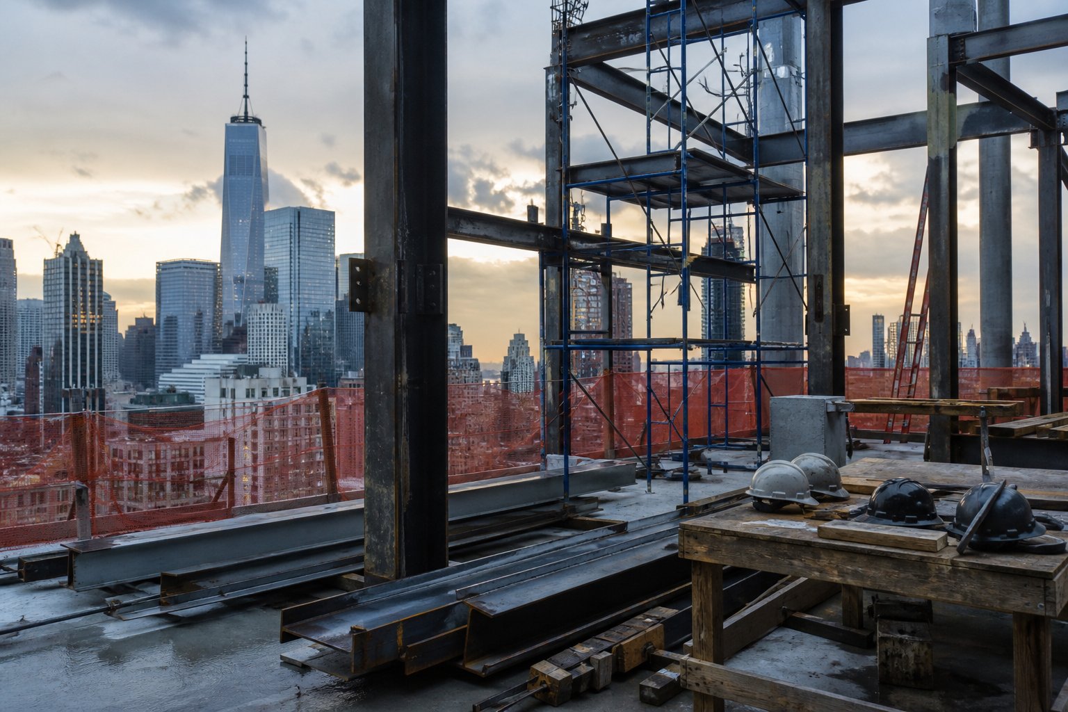 Empty New York City construction site with scaffolding and hard hats at dawn