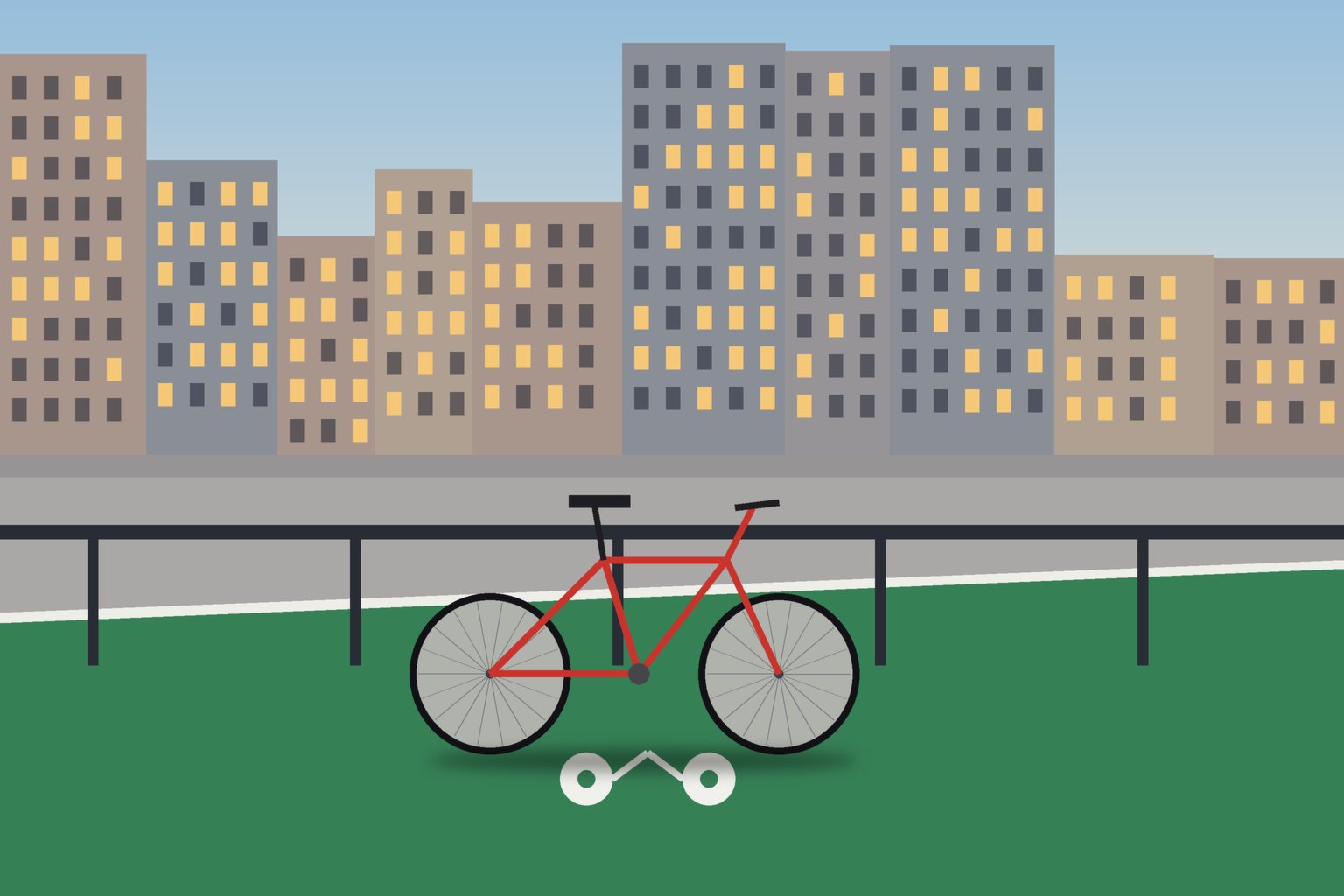 Illustration of a red bicycle leaning on a rail beside a green city bike lane, no people