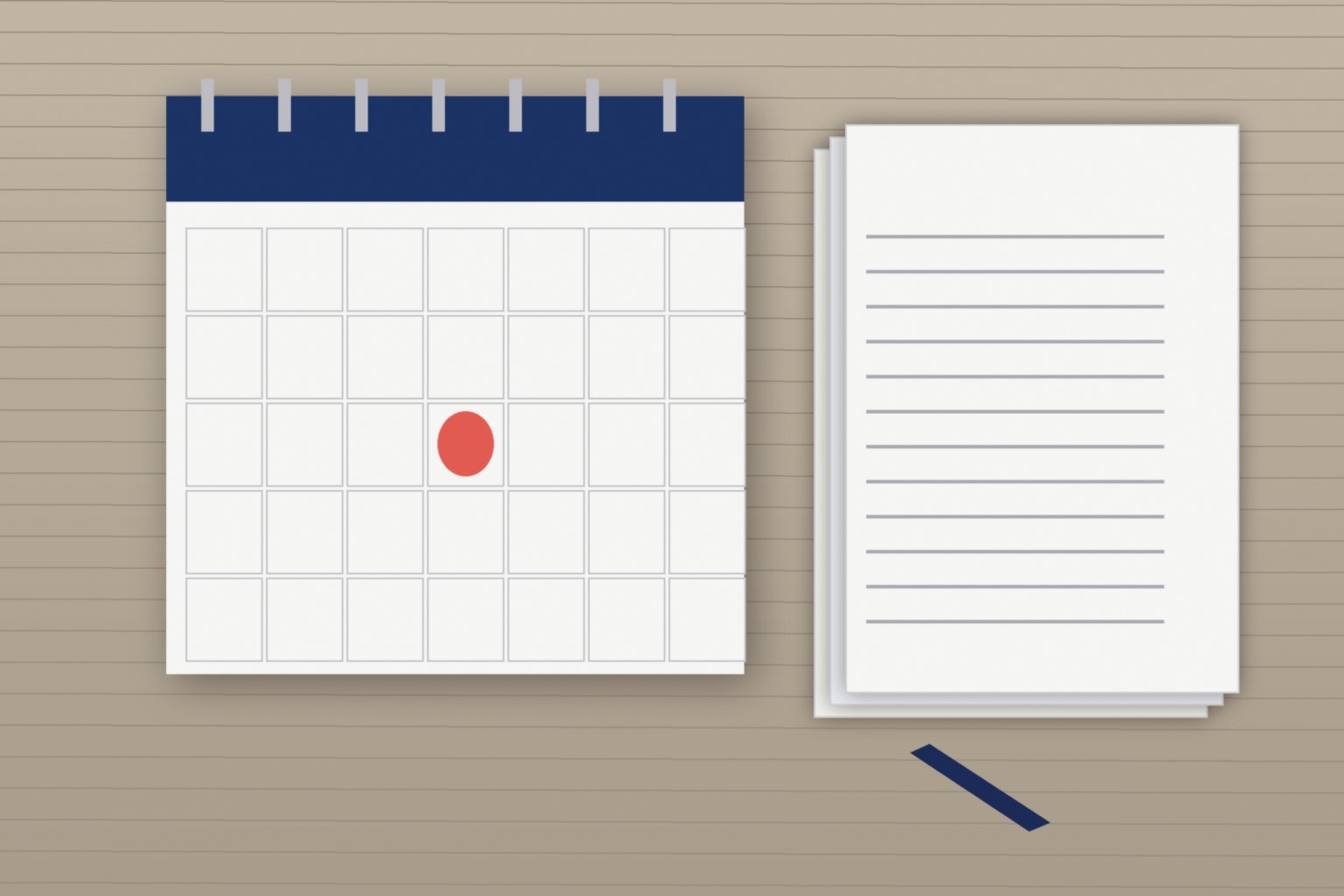 Illustration of a desk calendar, a stack of documents, and a pen on a table, empty of people