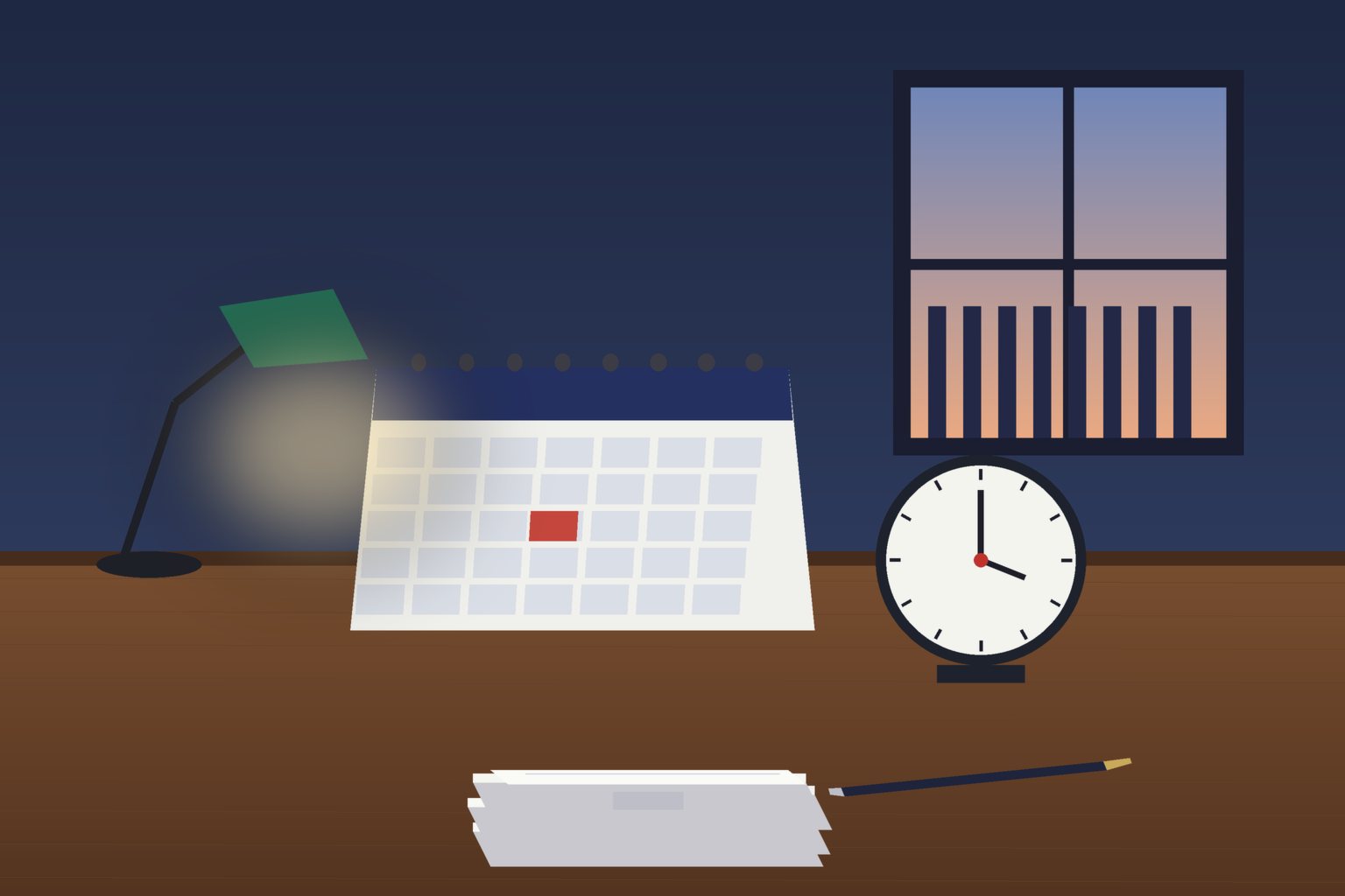 Illustration of a desk calendar, analog clock, and stacked legal documents, no people