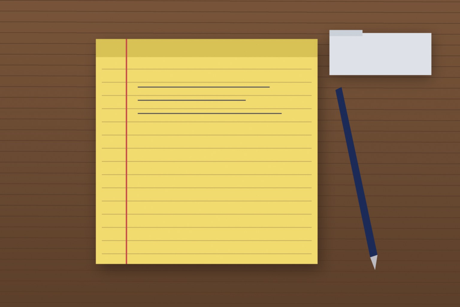 Illustration of a yellow legal pad, a pen, and a closed folder on a wooden desk, empty of people