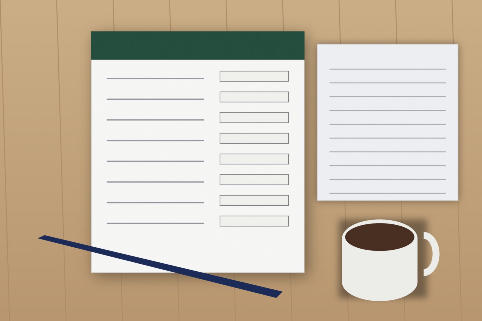 Illustration of insurance forms, a pen, and a coffee mug on a table, empty of people