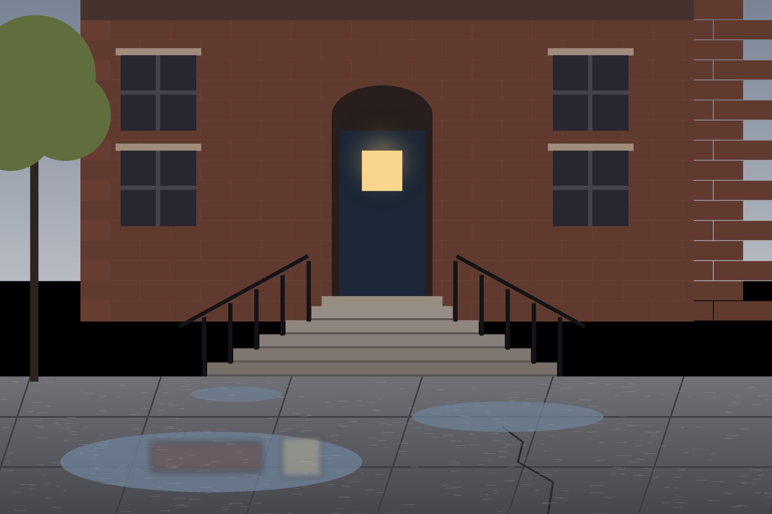 Illustration of a brownstone entrance with steps, a wet sidewalk, and puddles, no people