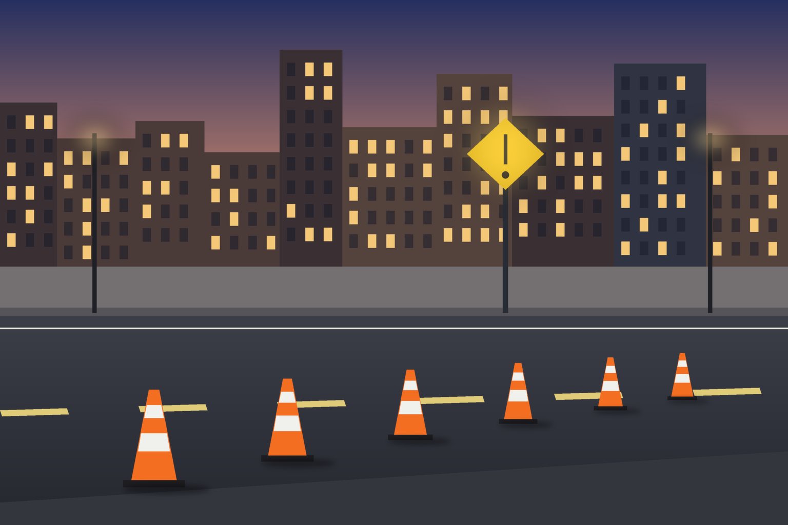 Illustration of a city roadside with orange traffic cones and a warning sign, no people or vehicles