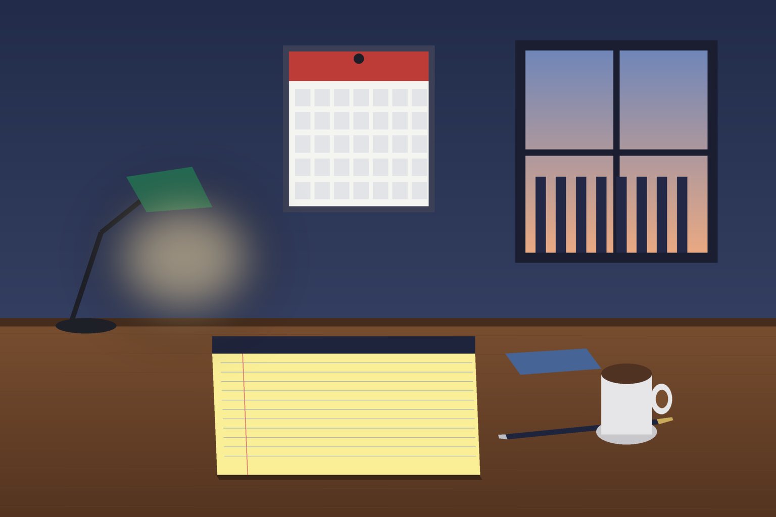 Illustration of a desk with a blank legal pad, pen, and wall calendar in a quiet office, no people