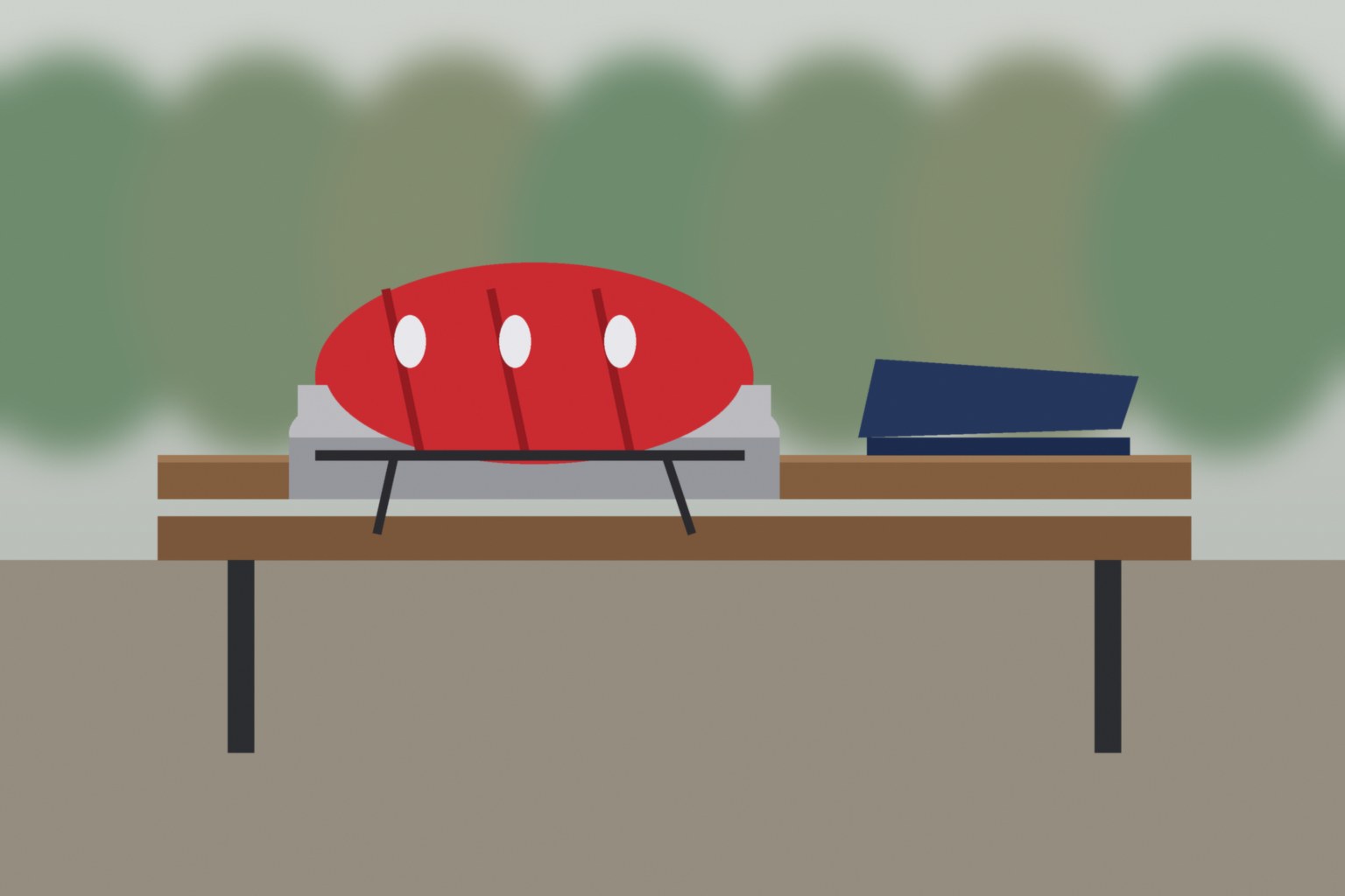 Illustration of a stylized red helmet and a folded dark jacket on a park bench, empty of people