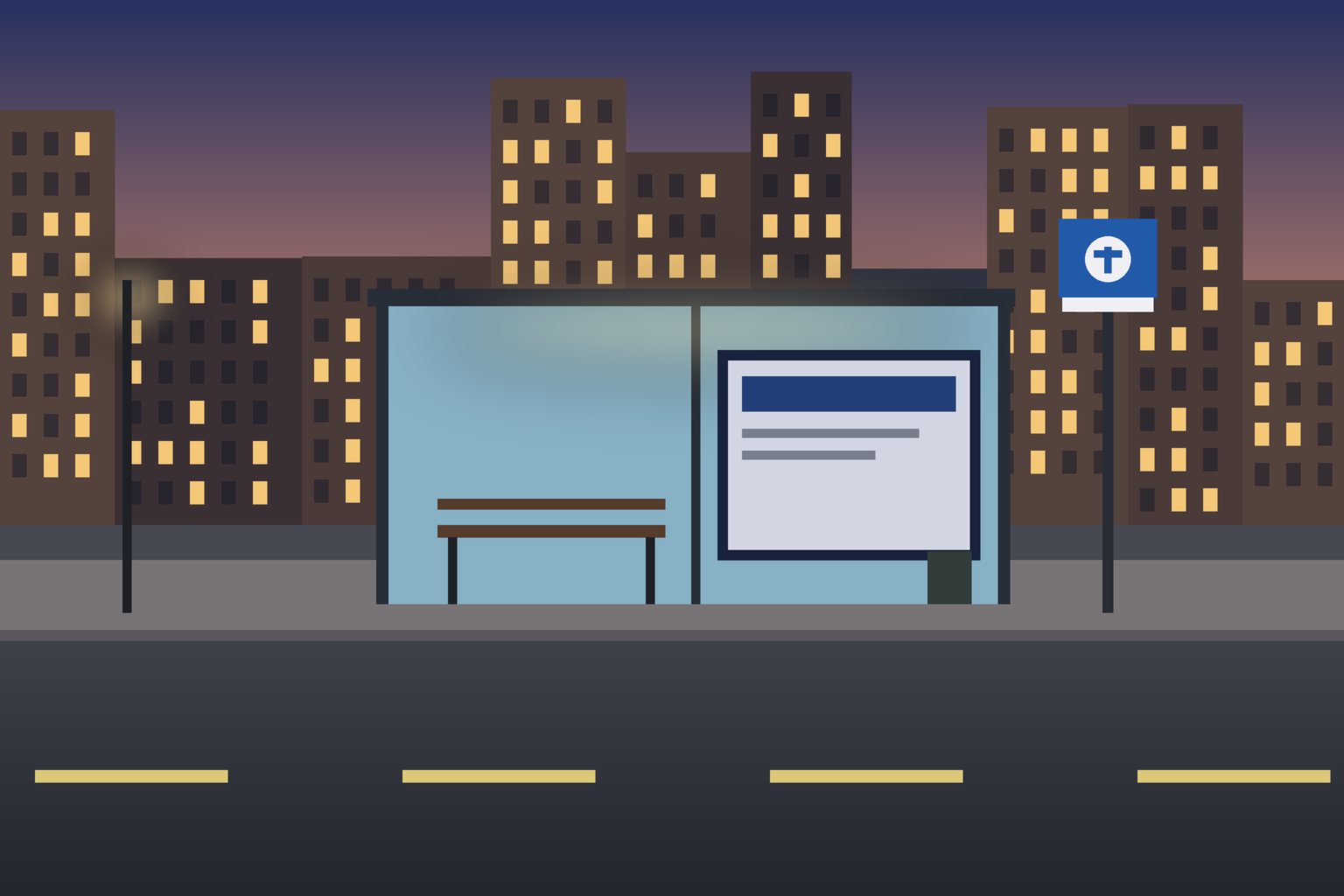 Illustration of an empty city bus stop with shelter and bench at dusk, no people or buses