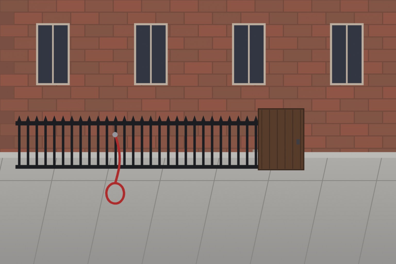 Illustration of a red dog leash hanging on a black iron fence beside a closed wooden yard gate in front of a brick building, no people or animals