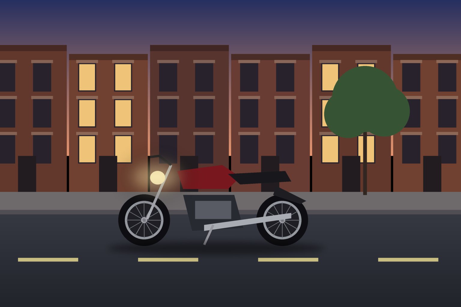 Illustration of a parked motorcycle in front of brownstone-style buildings at dusk, no rider or other people