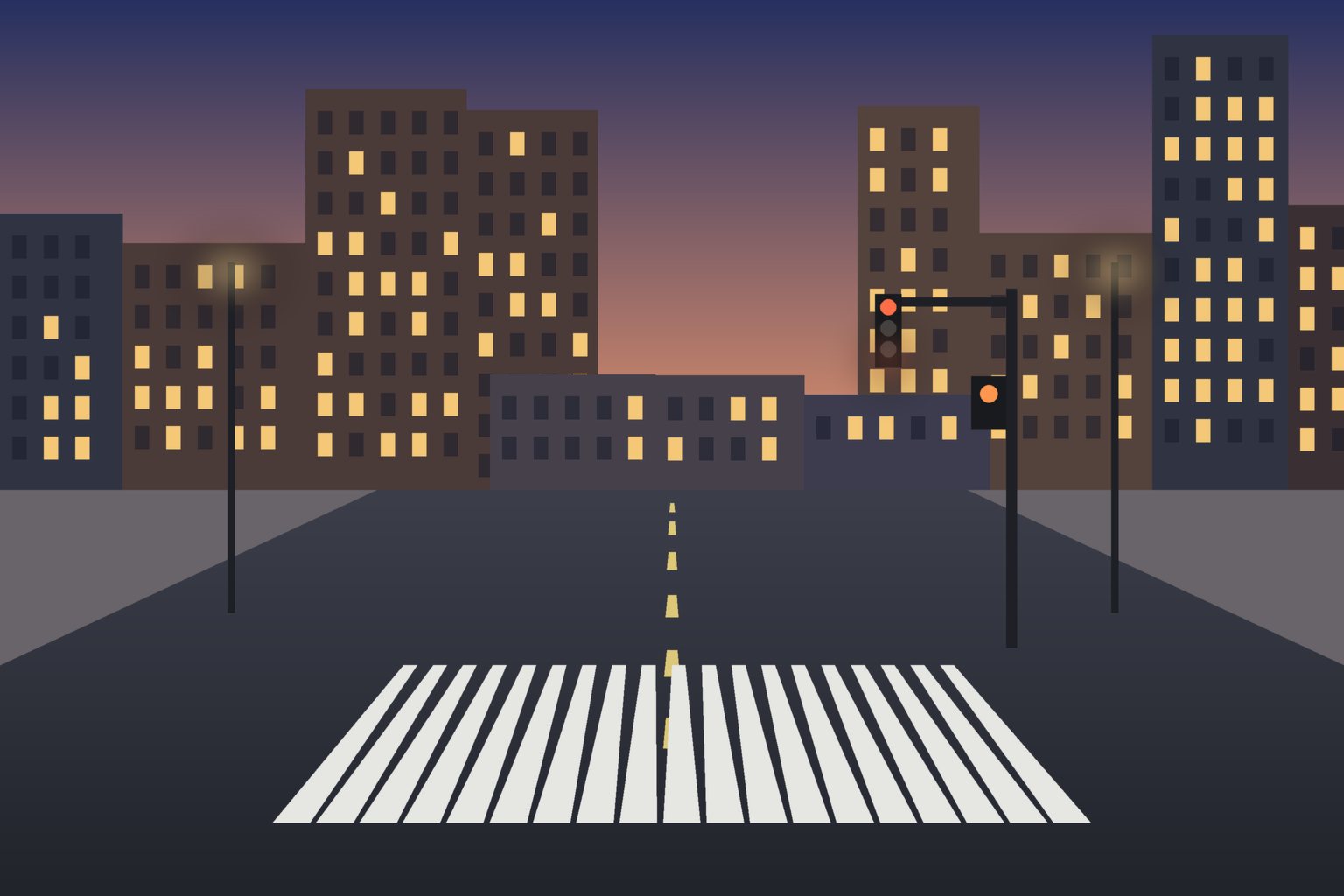Illustration of an empty New York City crosswalk and traffic signal at dusk, no people or vehicles
