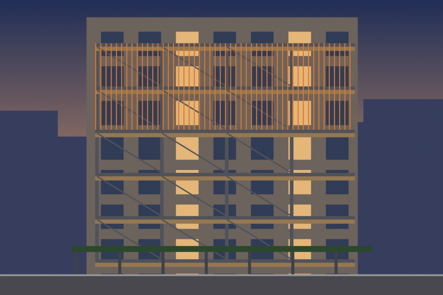 Illustration of scaffolding on a city building facade at dawn, empty of people
