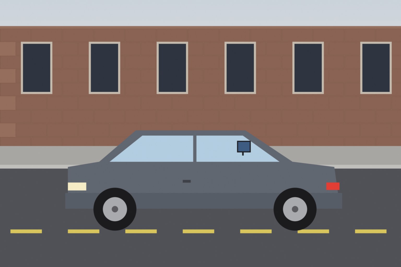 Illustration of an unmarked grey sedan parked at a curb in front of a brick building, no people and no brand marks